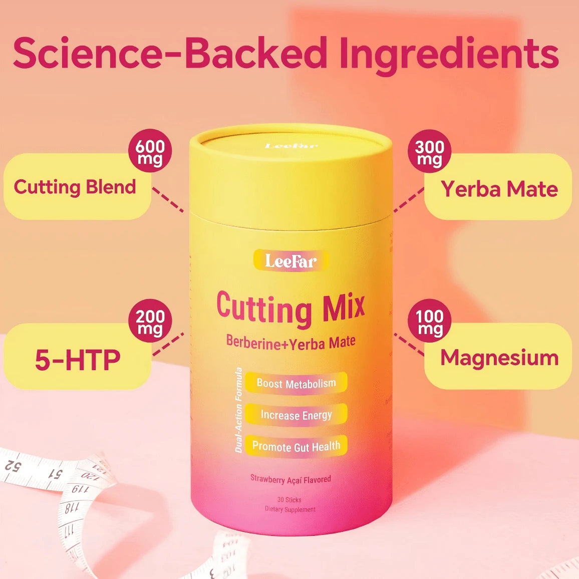 Leefar Cutting Drink Mix –| Strawberry Açaí Flavor – 30 Servings