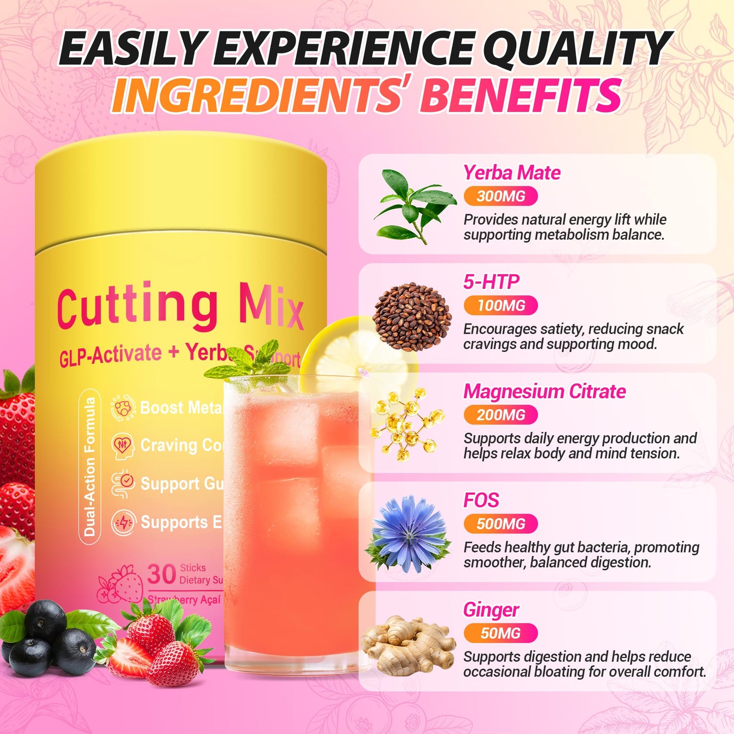 Leefar Cutting Drink Mix –| Strawberry Açaí Flavor – 30 Servings
